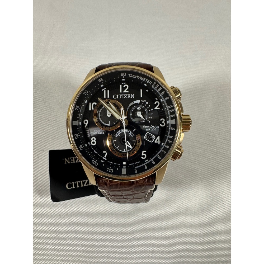 NWT Citizen Eco-Drive World Chronograph A-T Gold Brown Leather Watch AT4133-09E